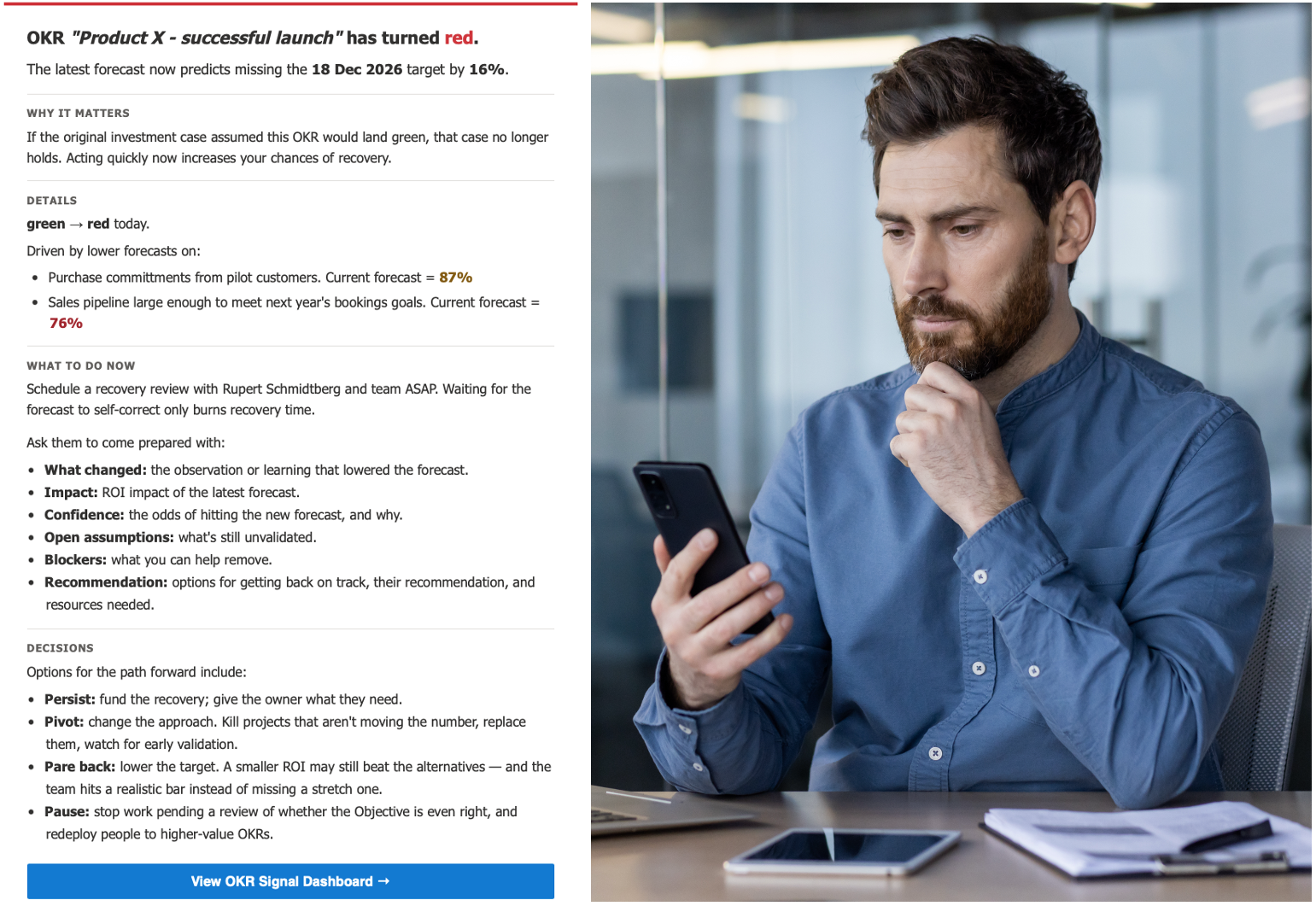 OKRsignal executive email alert showing key result status and corrective action options
