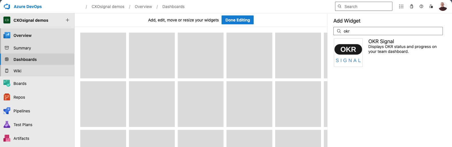 Azure DevOps widget gallery with OKRsignal visible in the list
