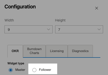 OKRsignal Configuration panel showing Widget type set to Follower with the Link as follower of dropdown