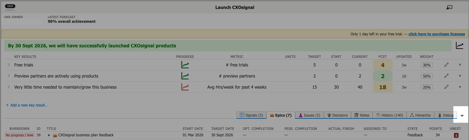 OKRsignal widget showing the expand/collapse control on the right edge of the tab bar