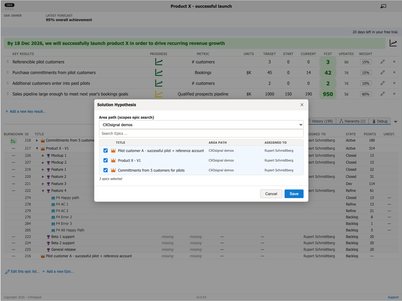 Solution Hypothesis dialog showing area path selector, Epic search box, and list of selected Epics with checkboxes