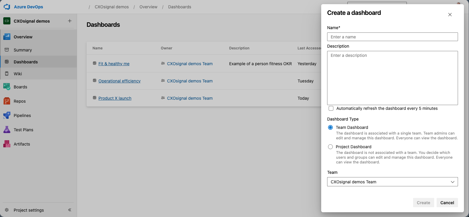 New dashboard dialog showing name field and Team / Project scope options