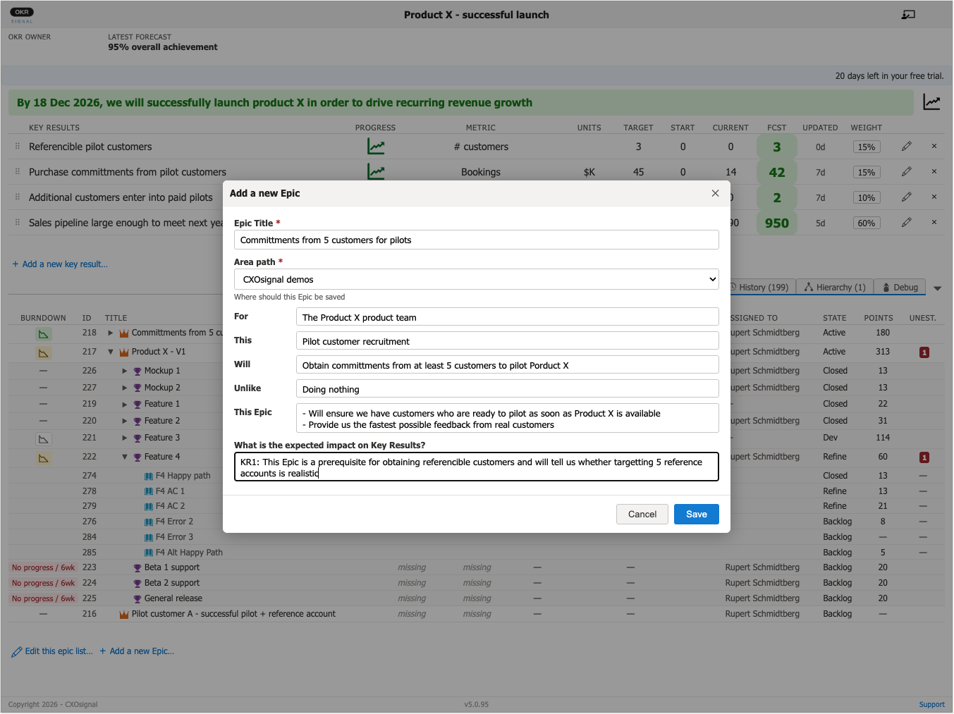 Add a new Epic form with fields for Epic Title, Area path, and impact on Key Results