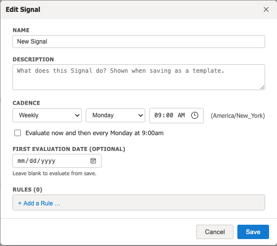 Signal name and cadence settings