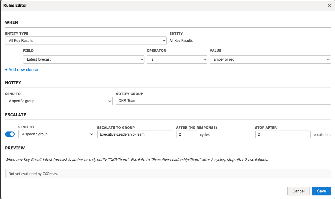 The rule editor showing When, Notify, and Escalate sections