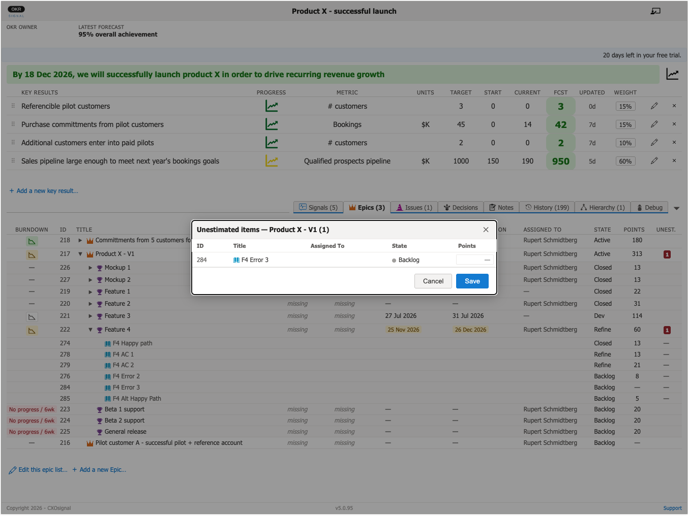 Unestimated items dialog showing items missing story point estimates with a field to enter values