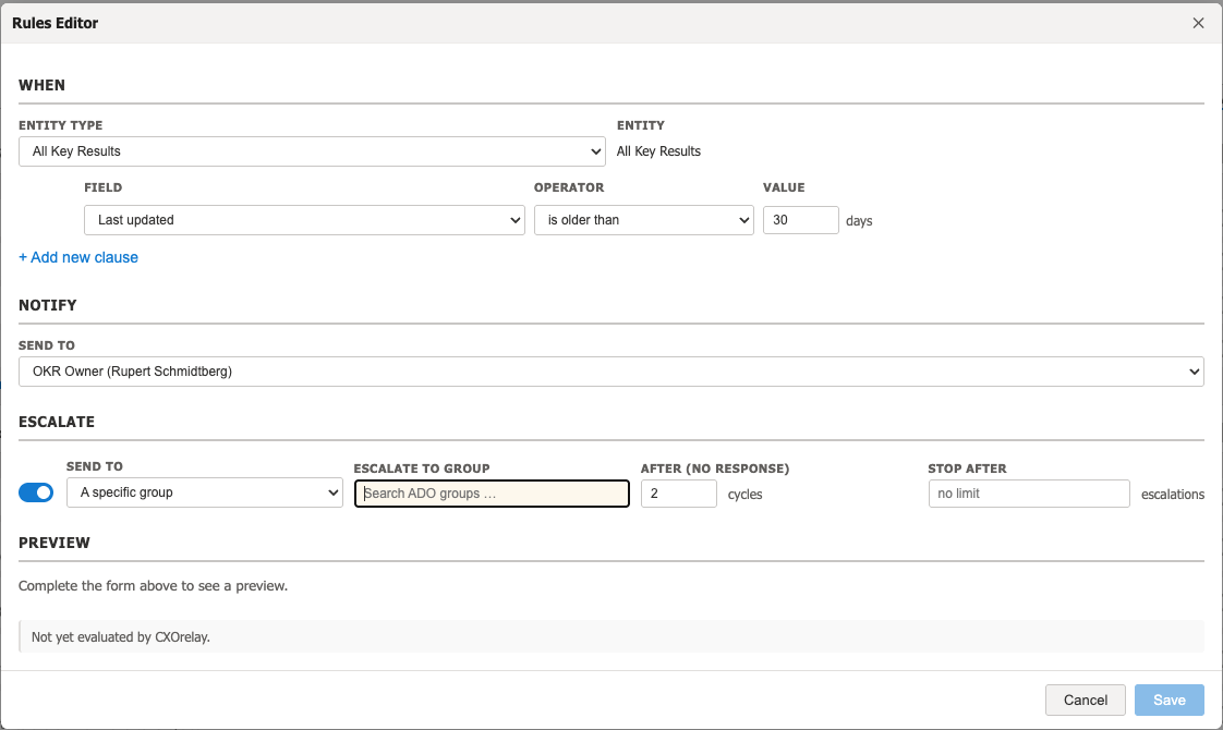 The Rules Editor with fields to customize shown in yellow