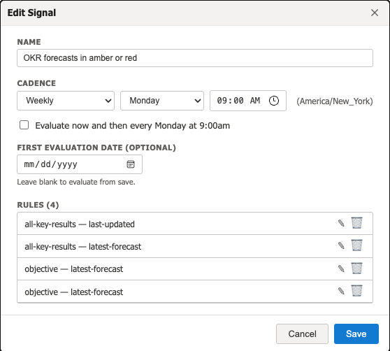Signal properties showing the cadence setting with the edit icon