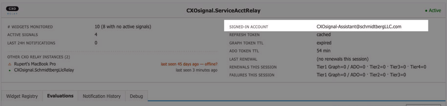 Close-up of the CXOrelay header highlighting the Signed-in account field so you can verify you're signed in as the right account.